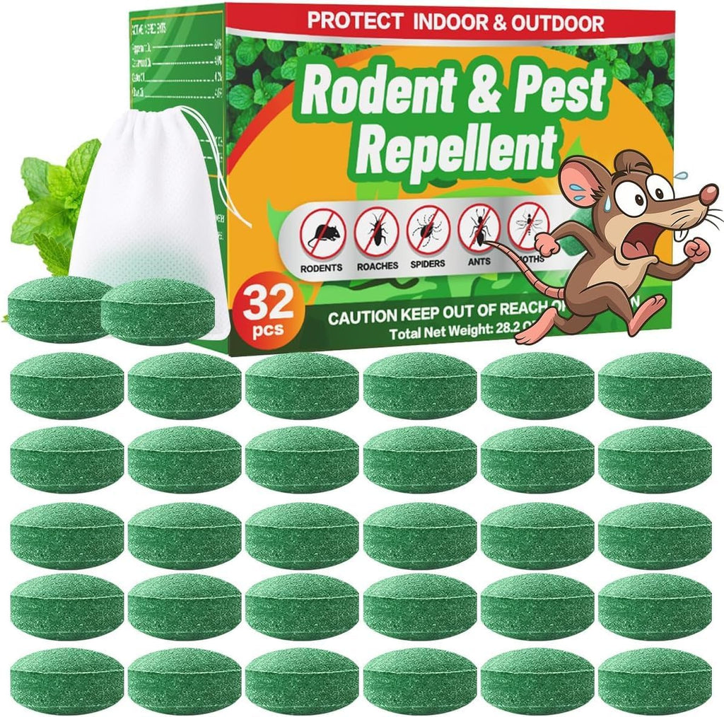 Rodent Mole Repellent Indoor Outdoor - 32 Packs Peppermint Essential Oil Extra Strength for Mice Rat Mouse Bug Spider Roach Repellent Pouches, Moth Balls Pest Control Natural Home Safe
