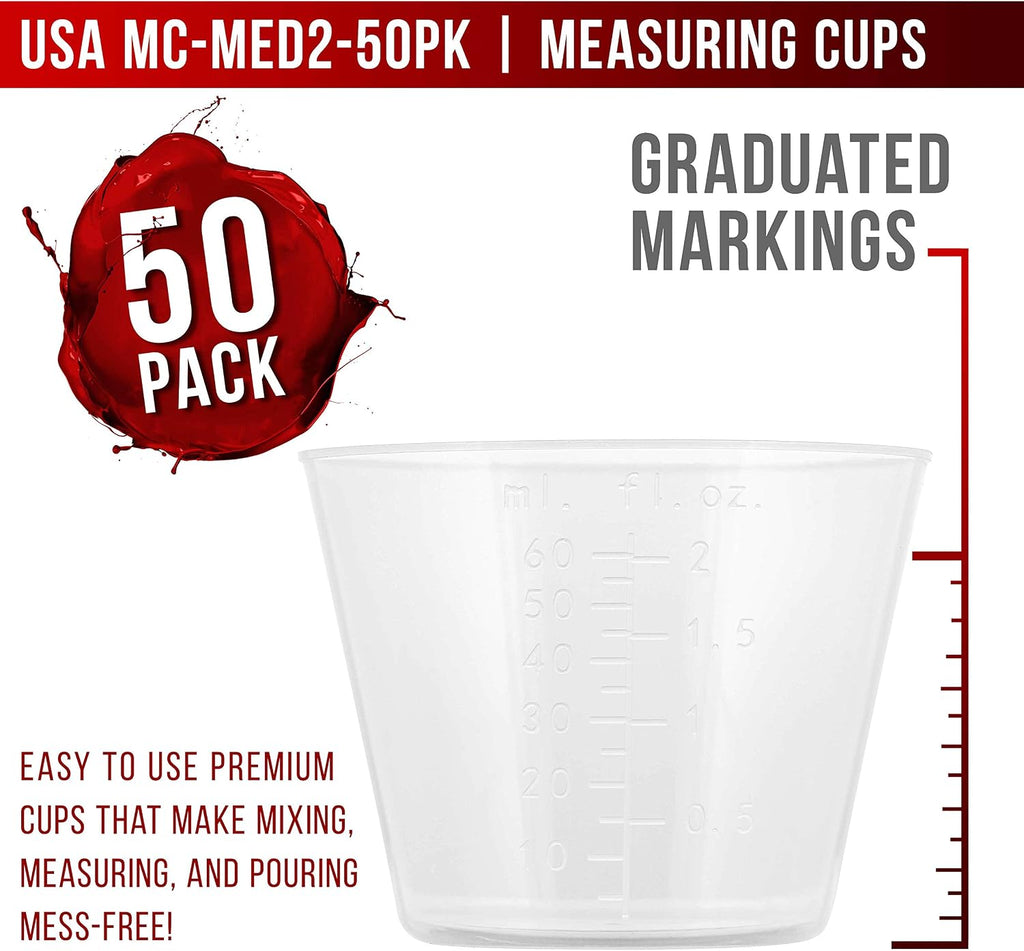 Pouring Masters 2 Oz (60 ml) Liquid Measuring Cups, 50 Pack with 25 Sticks