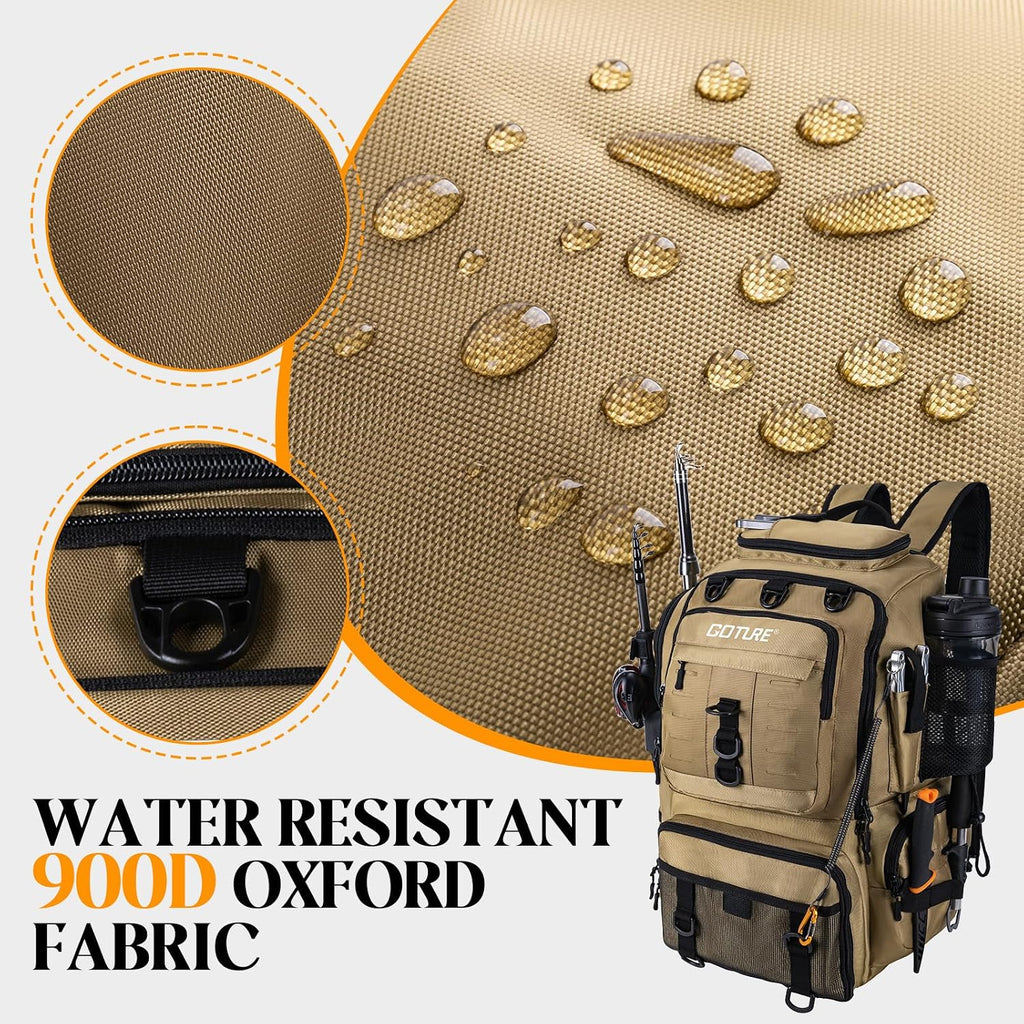 Goture 40L Khaki Fishing Tackle Backpack w/Cooler & fishing tackle boxes