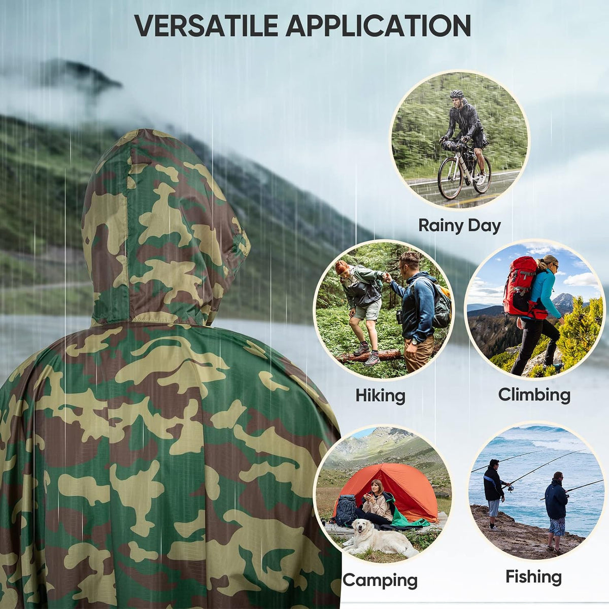 PTEROMY Hooded Rain Poncho for Adults, Reusable Waterproof Raincoat