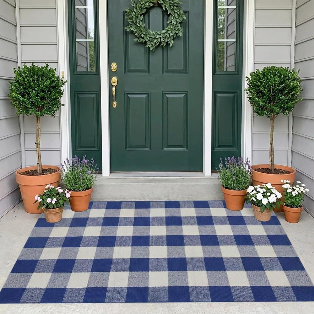 MUBIN Cotton Buffalo Plaid Rug, 3' x 5' Blue White Outdoor Rug Front Door Decorative Mat, Washable Doormat Hand-Woven Foldable Area Rug Layered Door Mats Rug for Front Porch, Entryway, Patio