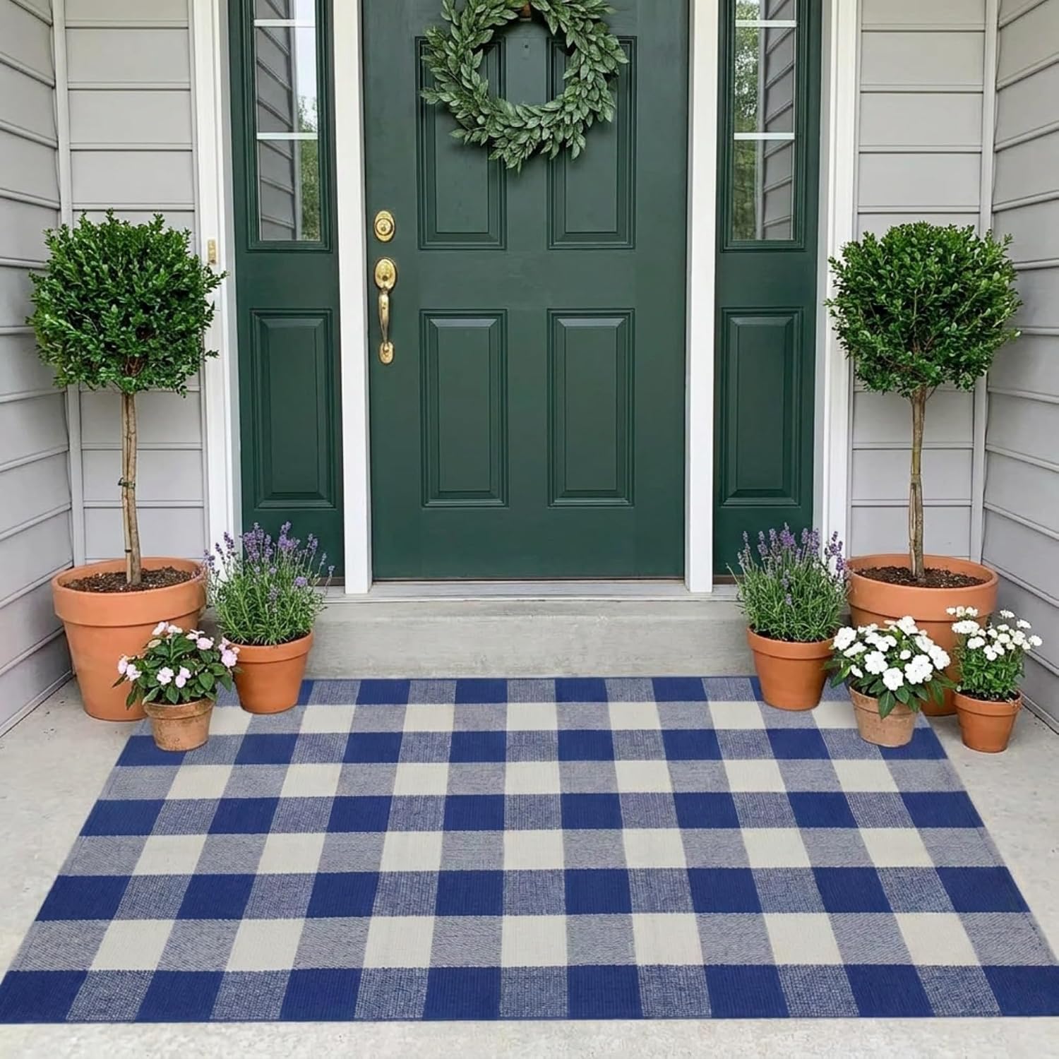 MUBIN Cotton Buffalo Plaid Rug, 3' x 5' Blue White Outdoor Rug Front Door Decorative Mat, Washable Doormat Hand-Woven Foldable Area Rug Layered Door Mats Rug for Front Porch, Entryway, Patio