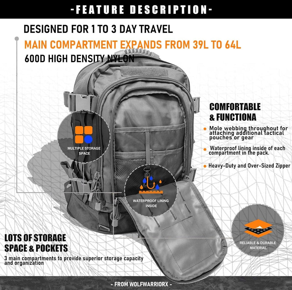 Miramrax Tactical Backpack Military Army Daypack - Assault Pack for Men Molle Backpacks Bug Out Bag 3 Day Pack for Hiking Camping Travel Hunting Rucksack Trekking Grey
