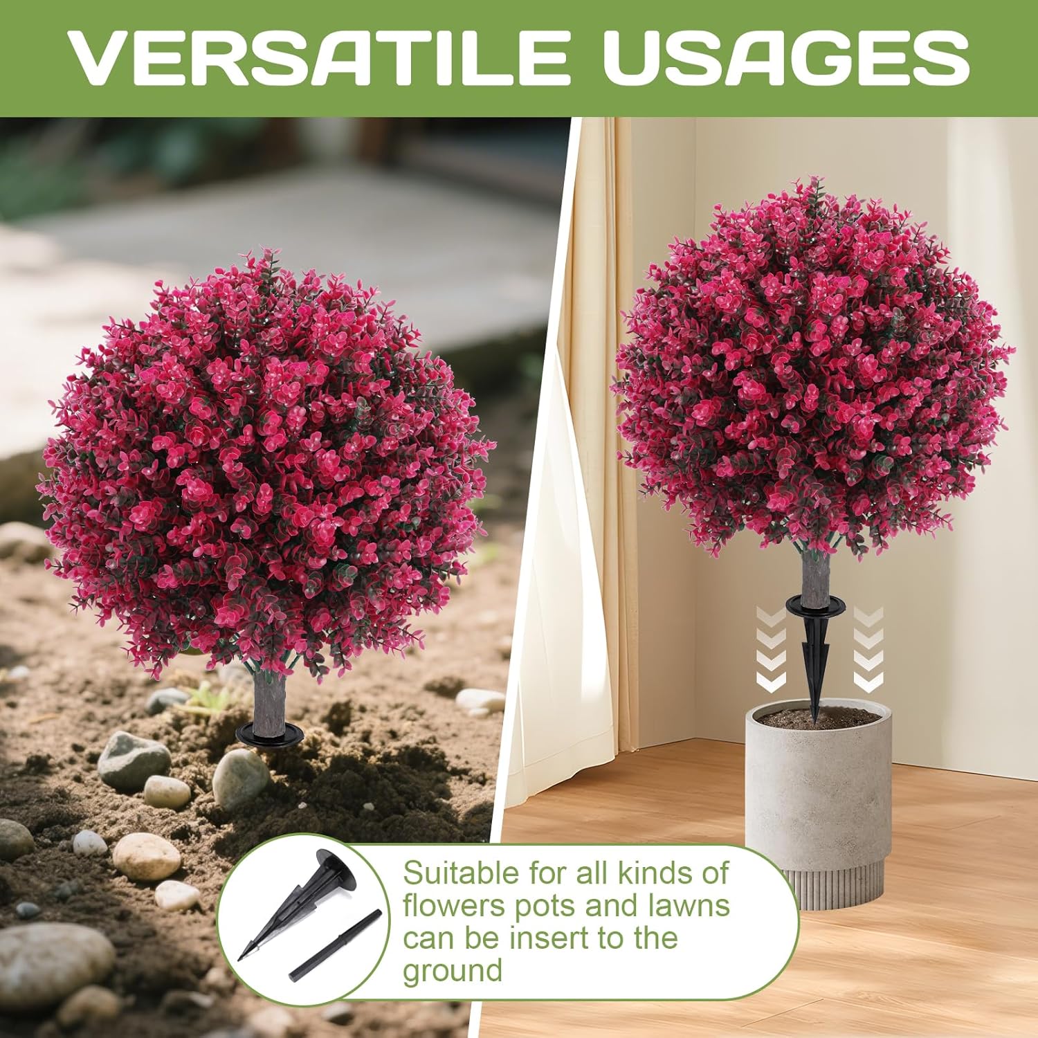 Artificial Red Eucalyptus Topiary Ball Tree 24" with Ground Spike, Set of 2 Artificial Boxwood Bushes for Faux Shrubs, Fake Evergreen Faux Plant for Indoor Outdoor Garden -UV Resistant–Fade-Proof