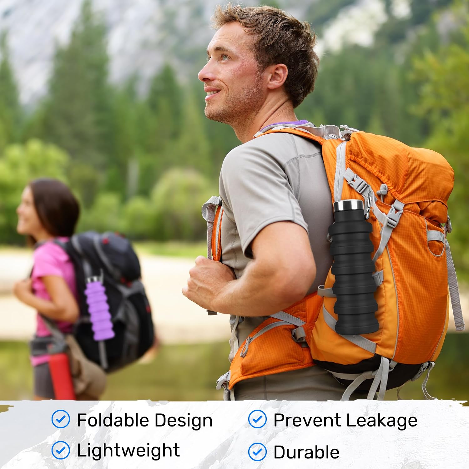 Collapsible Water Bottle, 16oz Portable Reusable Silicone Water Bottle with Carabiner for Gym, Travel, Camping, Hiking, Sports, Lightweight, BPA-Free, Leak-Proof, Foldable Design(Black+Blue)