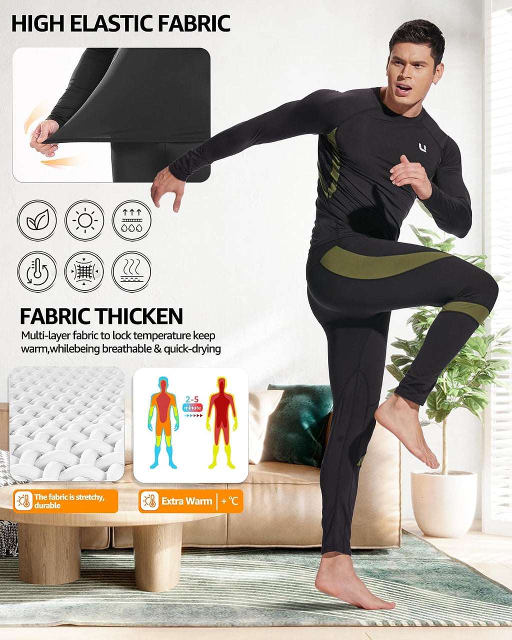 UNIQUEBELLA Men's Thermal Underwear Sets Top & Long Johns Fleece Sweat Quick Drying Thermo Base Layer