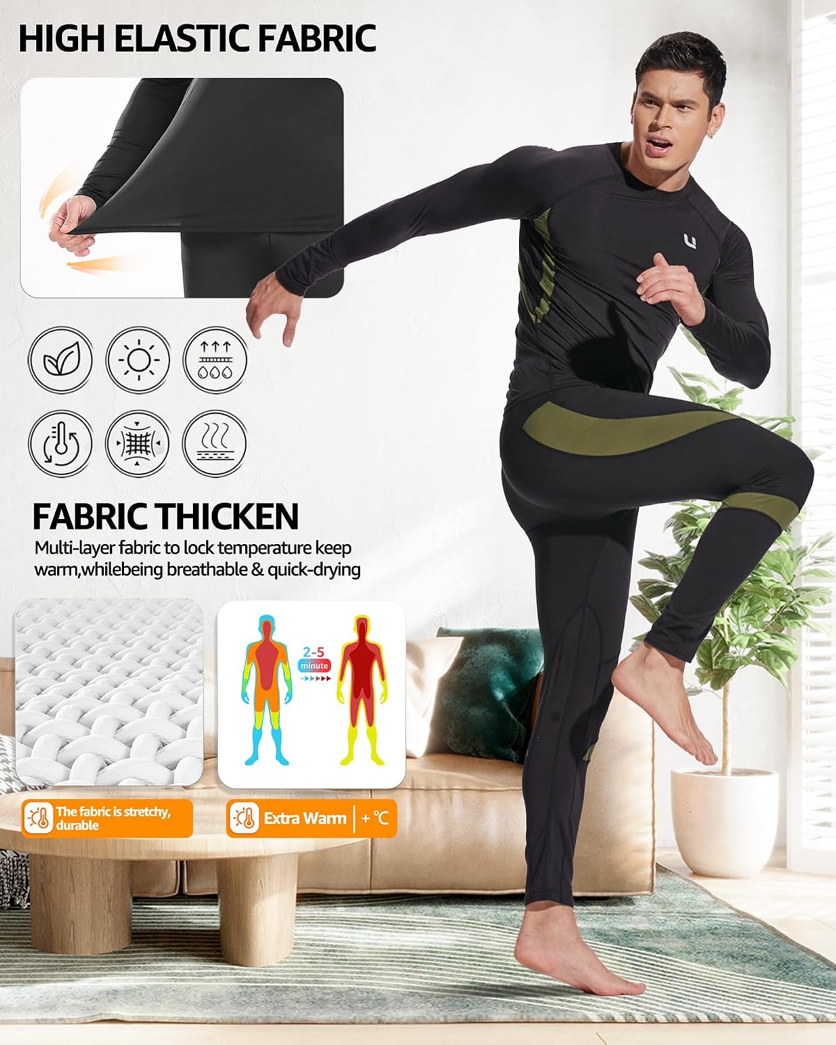 UNIQUEBELLA Men's Thermal Underwear Sets Top & Long Johns Fleece Sweat Quick Drying Thermo Base Layer