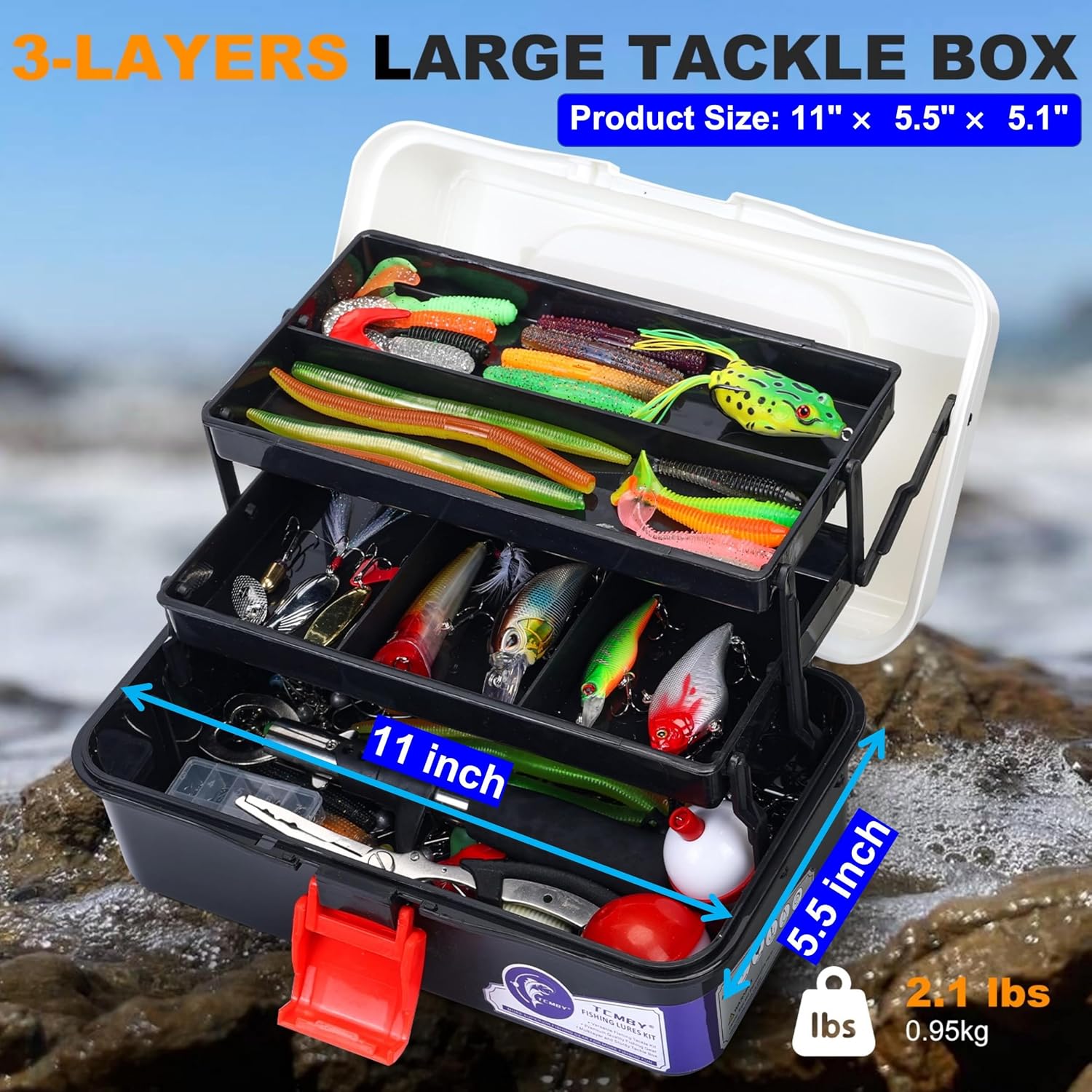 TCMBY 3 Layers Tackle Box with Tackle Included, 321Pcs Fishing Lures Kit Contains Pliers, Crankbait, Hooks, Weights & Accessories, Fishing Gear Bait Lure Gifts for Men Bass Freshwater (White Black)