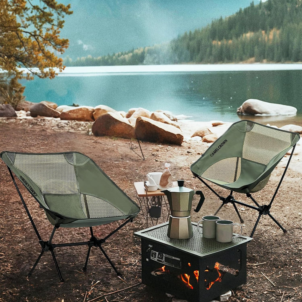 CAMEL CROWN Portable Camping Chair Lightweight Compact Folding Chair Mesh for Outdoor Camp Travel Beach Picnic Festival Hiking Backpacking Army Green 2 Pack