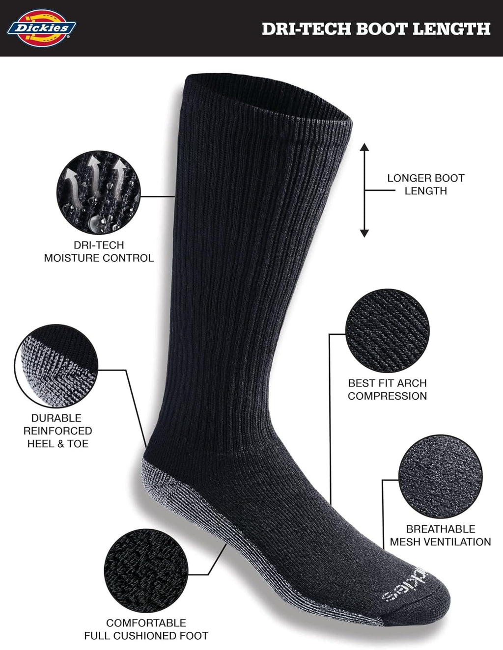 Dickies Men's Dri-Tech Moisture Control Boot-Length Socks, Available in L-XL (6, 12 Pairs)