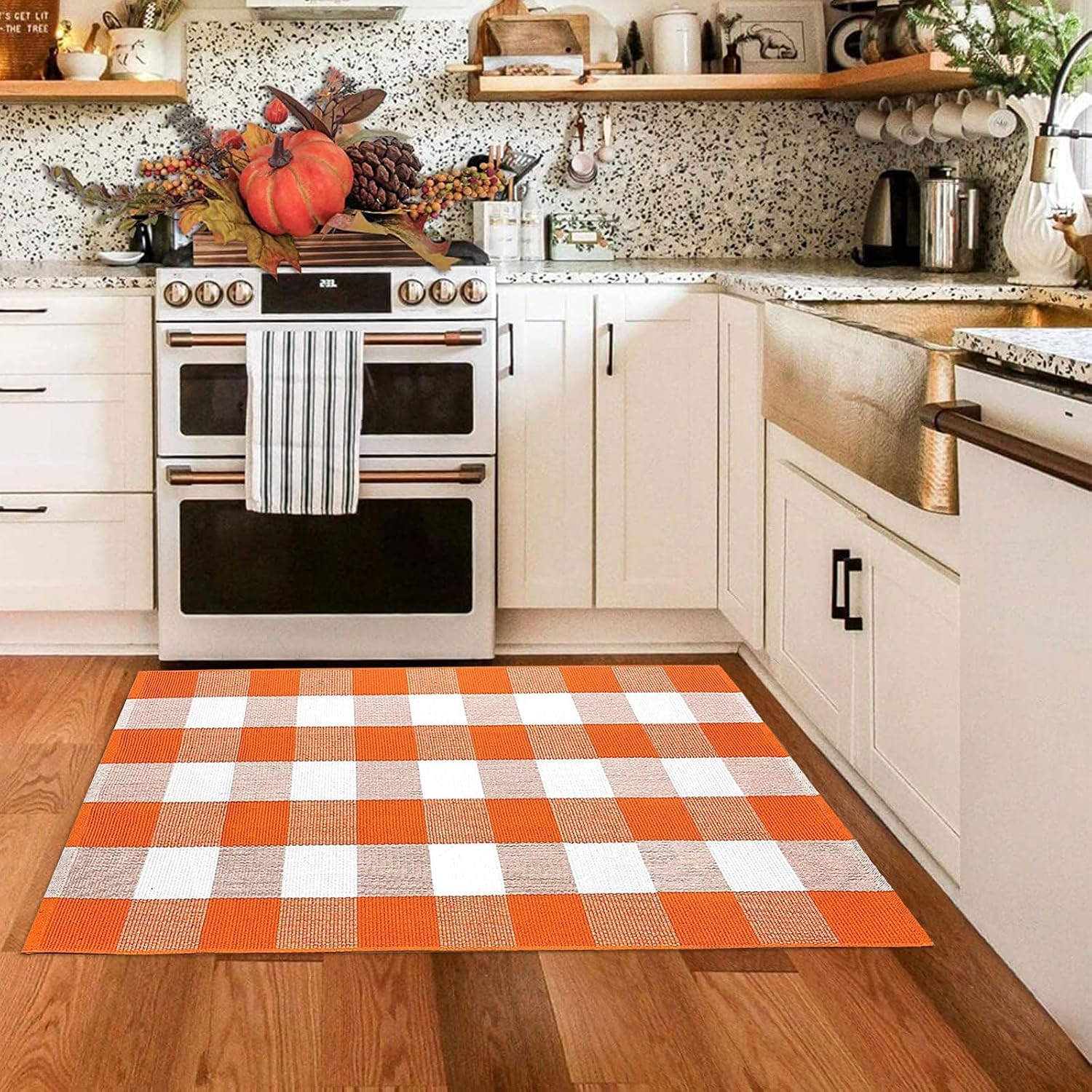 Fall Outdoor Rug Orange Buffalo Plaid Outdoor Rug Cotton Hand-Woven Buffalo Check Rug Layered Doormats for Front Door/Front Porch/Farmhouse/Entryway/Patio(Orange and White Plaid, 27.5'' x 43'')