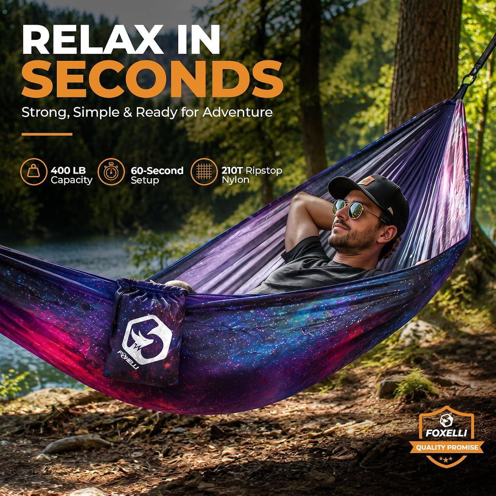 Foxelli Camping Hammock – Ultralight Hammock for Backpacking, Hiking, Festivals, Travel - Easy Setup with Tree-Friendly Ropes & Steel Carabiners, Heavy Duty Parachute Nylon