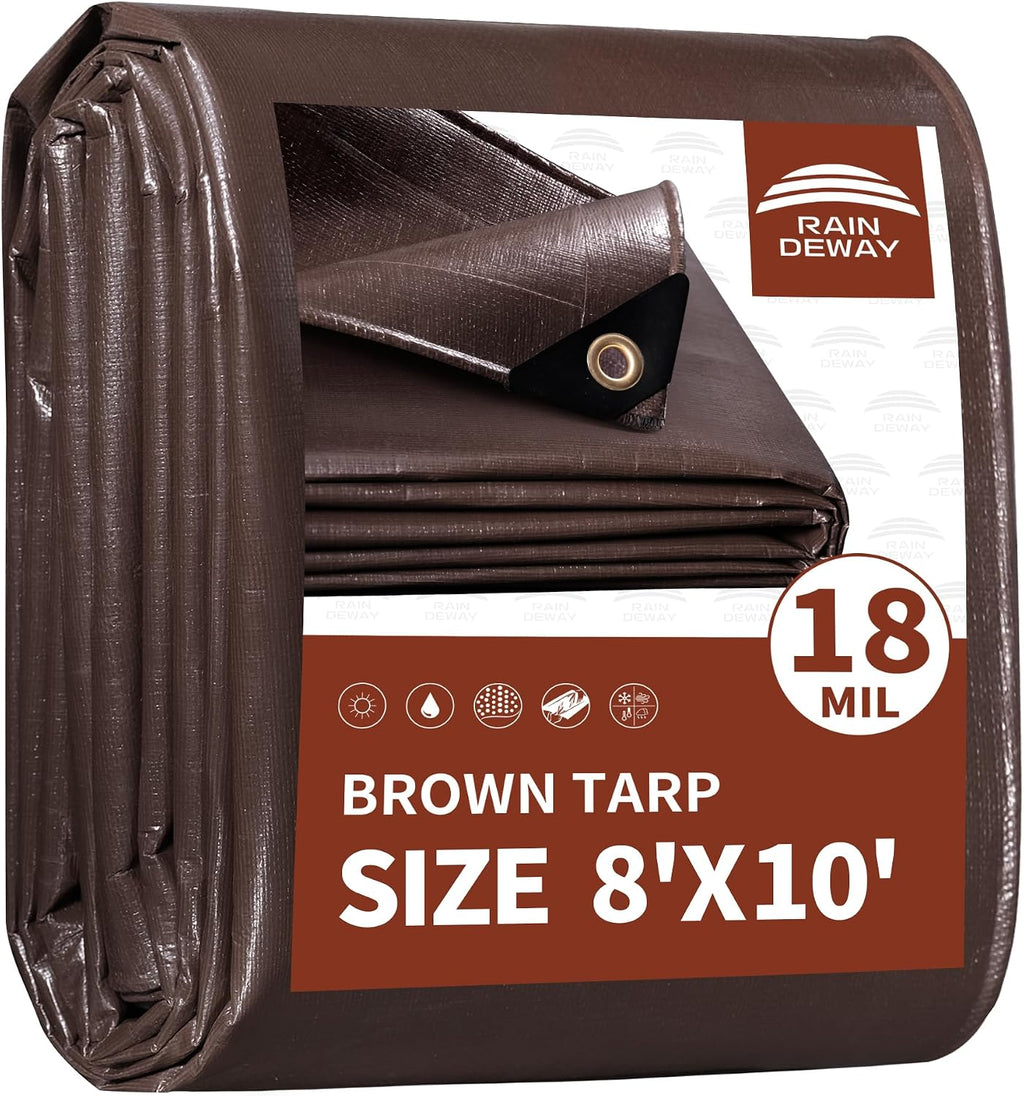 RAINDEWAY Brown Tarp 8x10ft Tarps Heavy Duty Waterproof 18Mil Extra Thick