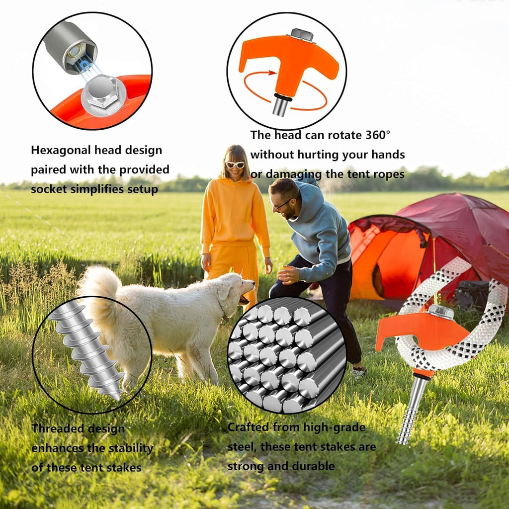 8" Heavy Duty Screw in Tent Stakes 12 Pack Drill in Ground Anchors