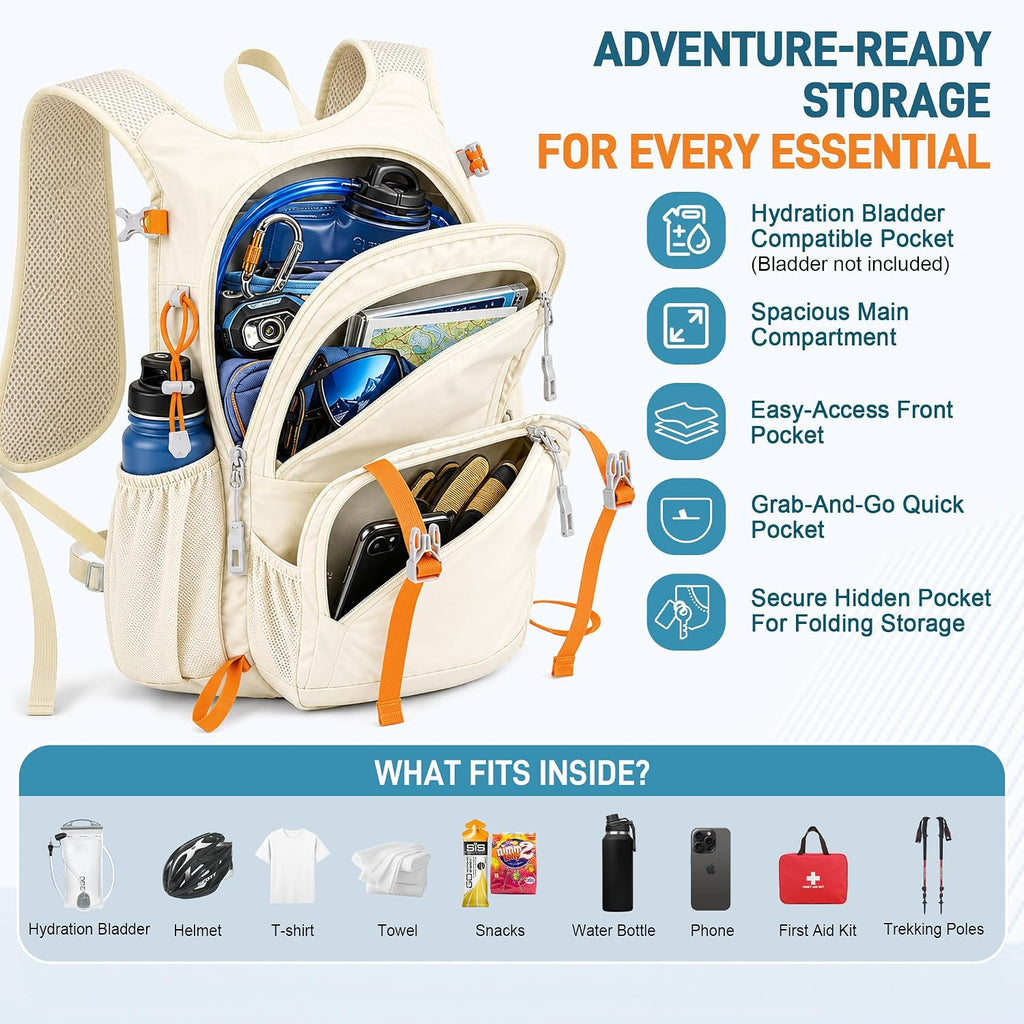 BECOJADDE 20L Hiking Backpack Lightweight Travel Backpacks Water-Resistant Daypack Fits Cycling Helmets for Men Women for Daily Outdoor Camping, Beige