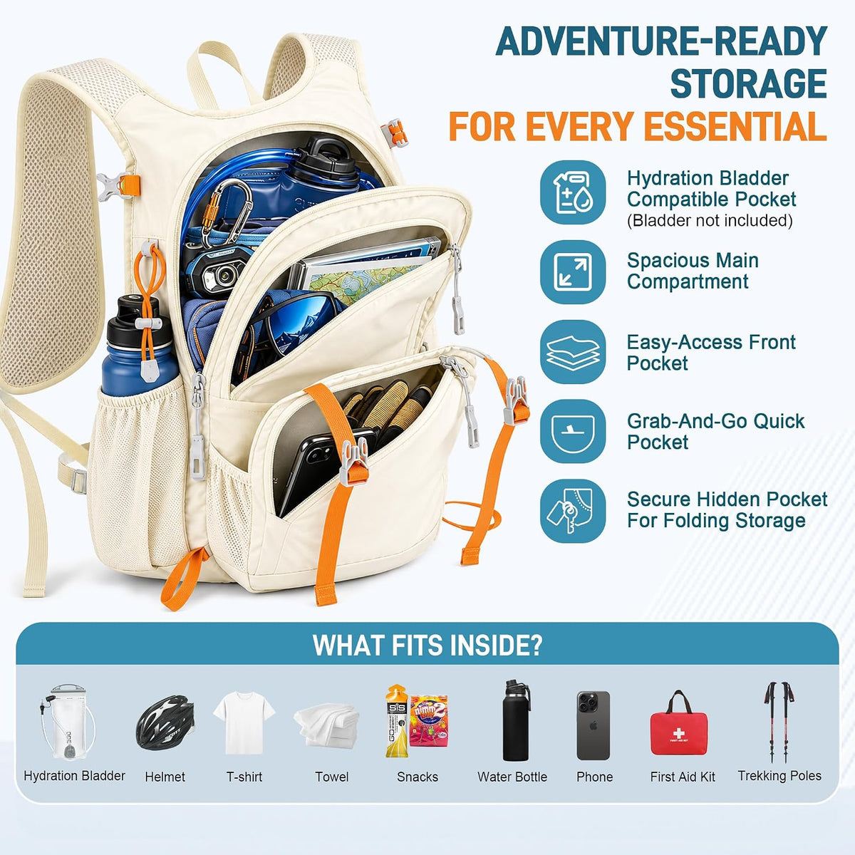 BECOJADDE 20L Hiking Backpack Lightweight Travel Backpacks Water-Resistant Daypack Fits Cycling Helmets for Men Women for Daily Outdoor Camping, Beige