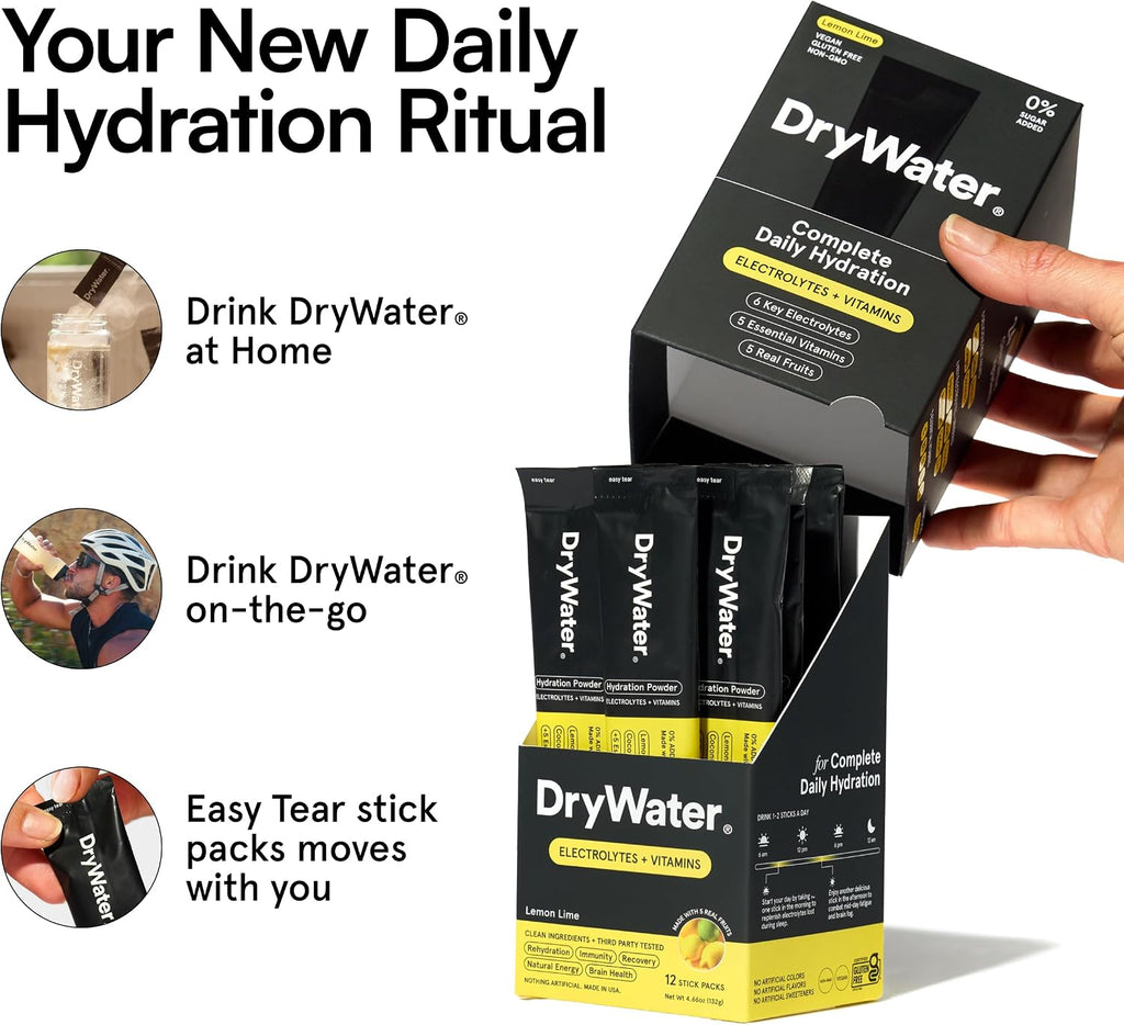 DryWater Electrolytes + Vitamins Hydration Packets, Lemon Lime 12 Pack