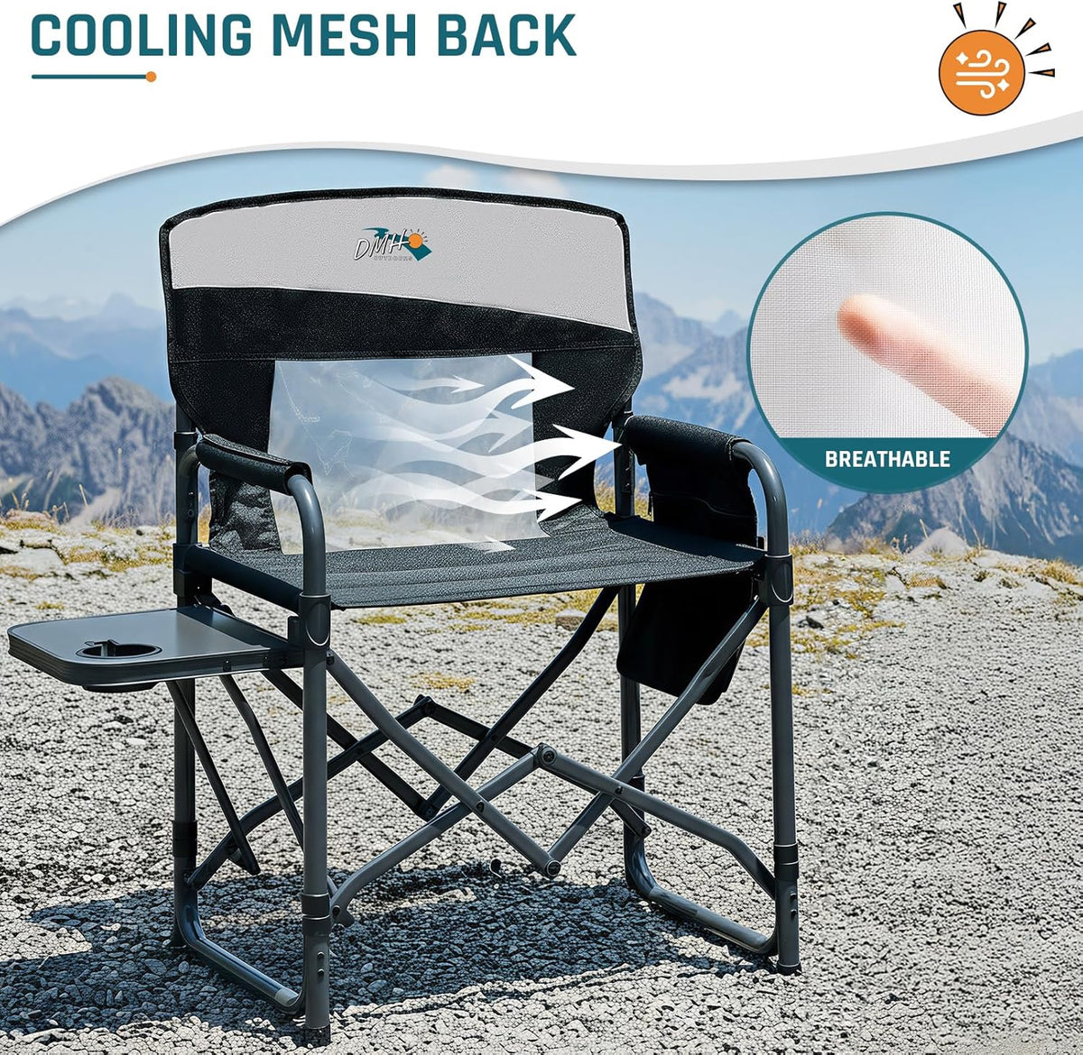 DMH OUTDOORS Camping Directors Chair with Side Table & Breeze Mesh Backrest