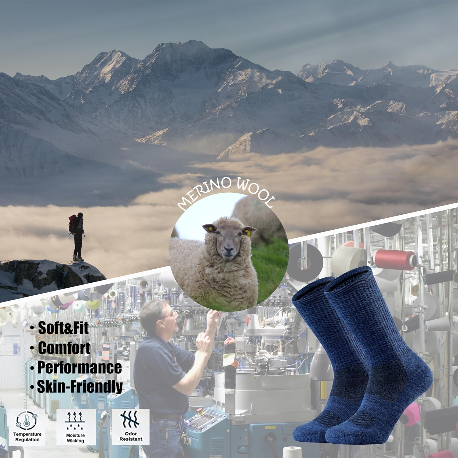 Ortis Merino Wool Socks for Men Outdoor Hiking Casual Soft Cushion Crew