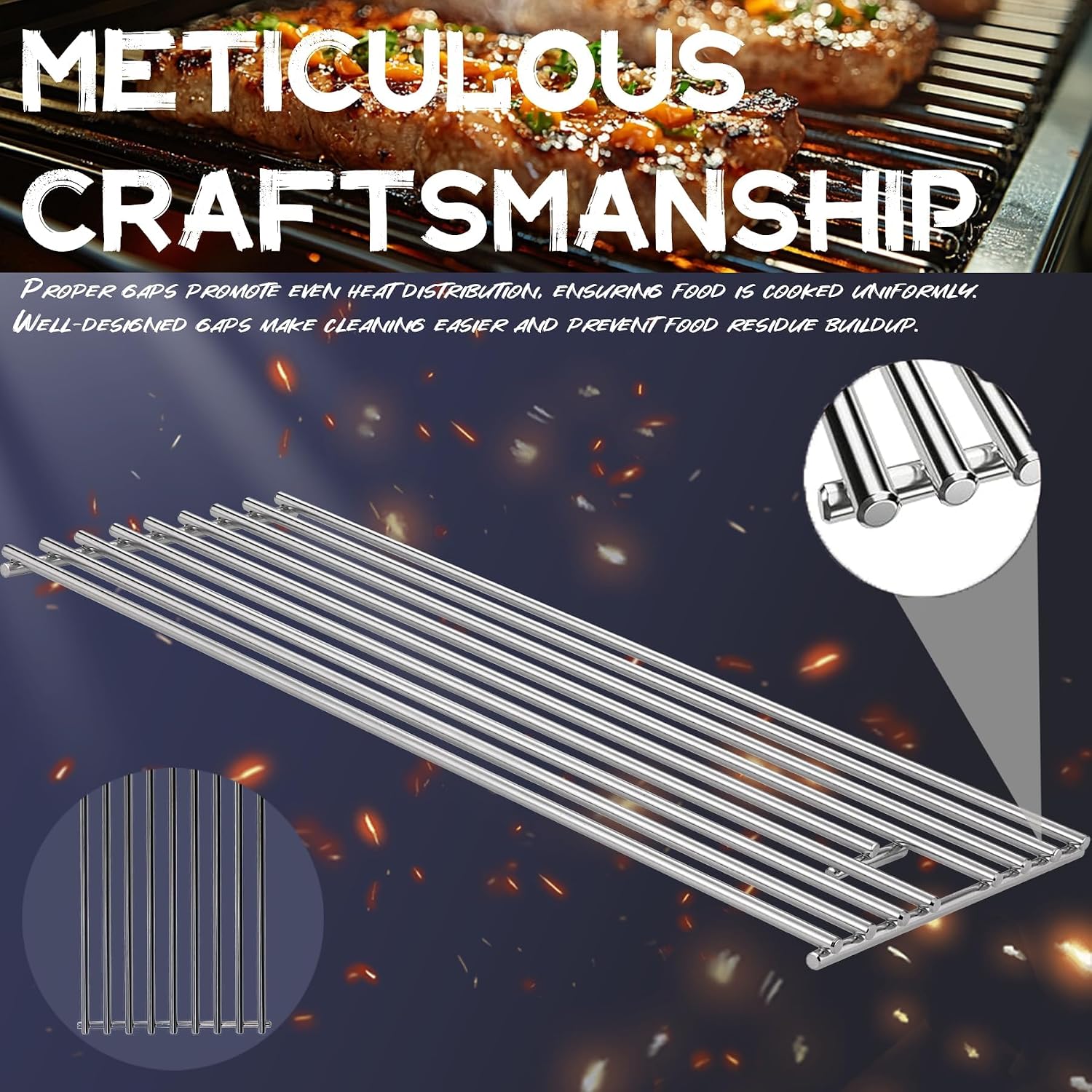 4 Pack 8mm Stainless Steel BBQ Cooking Grill Grates Replacement Parts for 16517 Bull 18248 LP,18249 NG,65073 L60000, BBQ Angus 47628, Brahma, Lonstar Select, Outlaw Steer Premium,7 Burner Premium