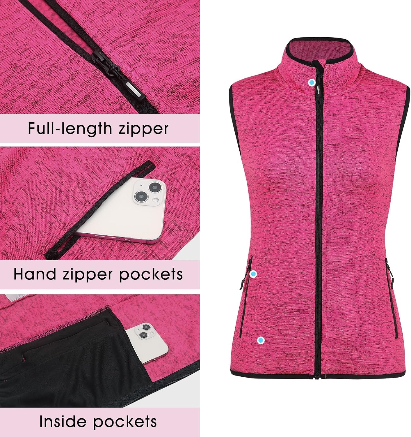 Zip Up Womens Vest with Zipper Pockets Sweater Fleece Vest