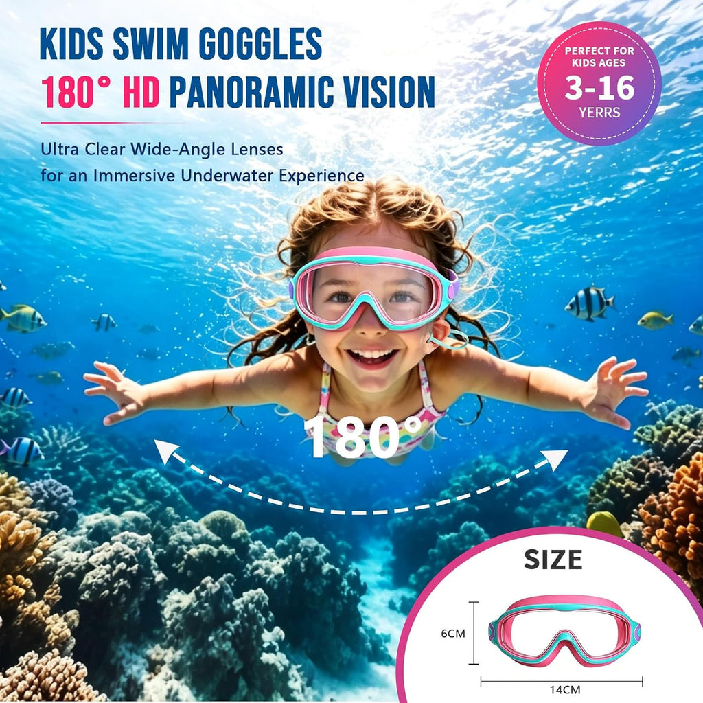 Kids Swim Goggles 2 Pack for Boys Girls 3-16,Wide View Swim Goggles with Anti-Fog UV Protection for Youth Toddler