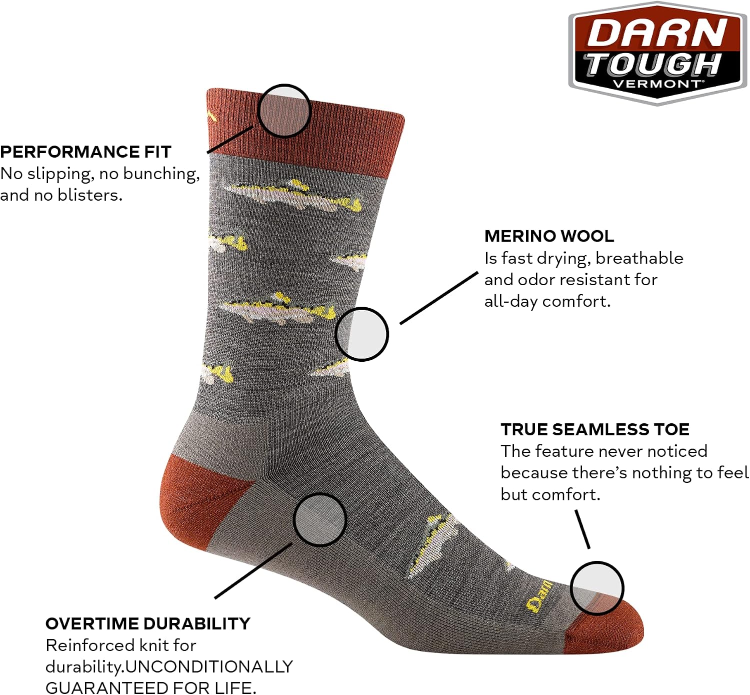Darn Tough Men's Spey Fly Crew Lightweight with Cushion Lifestyle Sock (Style 6085) -