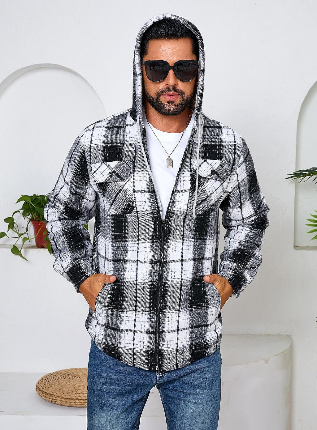Men's Zip Up Flannel Shirt Jacket Fleece Lined with Hood