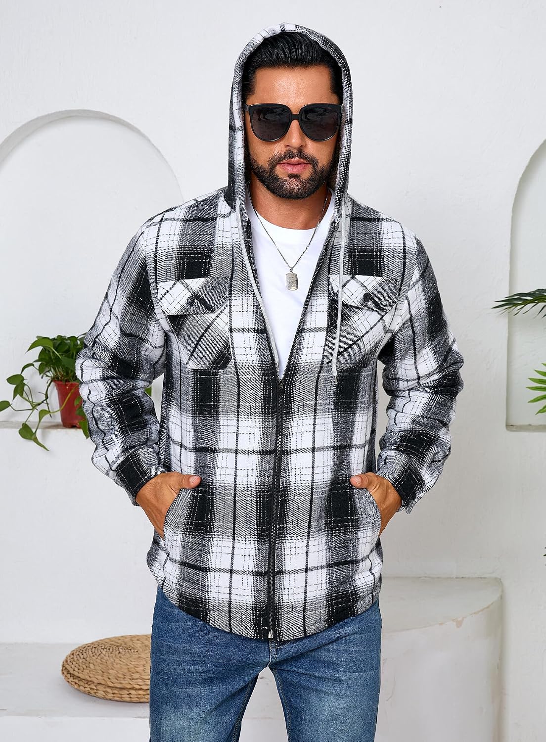 Men's Zip Up Flannel Shirt Jacket Fleece Lined with Hood