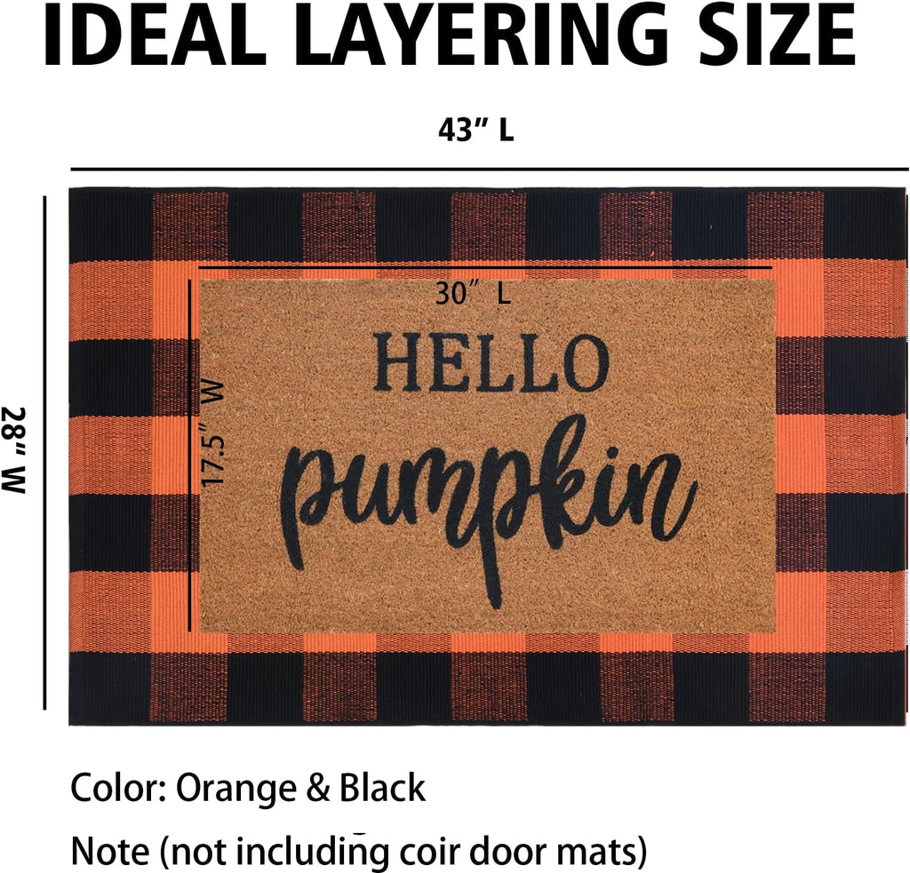 Orange and Black Plaid Rug, 28'' x 43'' Fall Outdoor Front Door Decor Mat, Cotton Washable Hand-Woven Rug for Layered Doormat, Autumn Halloween Thanksgiving Carpet for Porch, Entryway