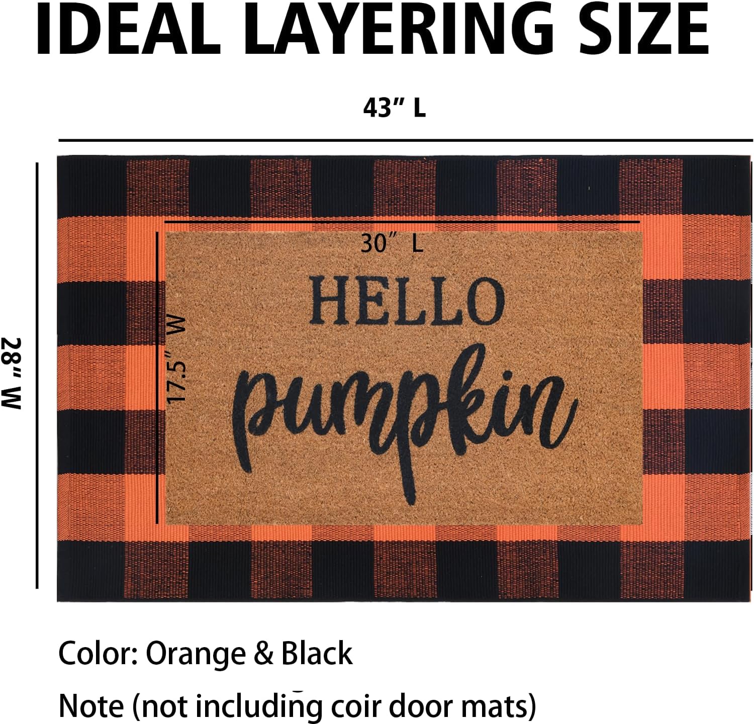 Orange and Black Plaid Rug, 28'' x 43'' Fall Outdoor Front Door Decor Mat, Cotton Washable Hand-Woven Rug for Layered Doormat, Autumn Halloween Thanksgiving Carpet for Porch, Entryway