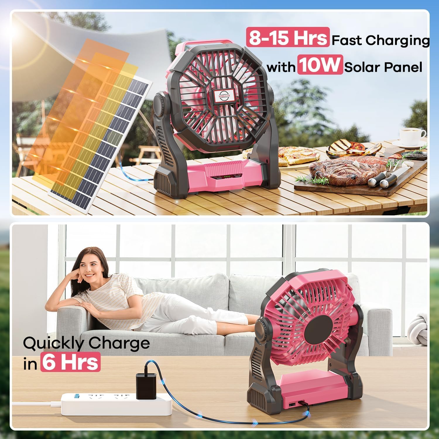 Solar Fan with LED Lantern, 10W Solar Panel Rechargeable Battery Powered Camping Fan for Outside, Portable Battery Operated Hurricane Supplies for Picnic, Barbecue, Fishing, Travel, 16-64Hrs Runtime