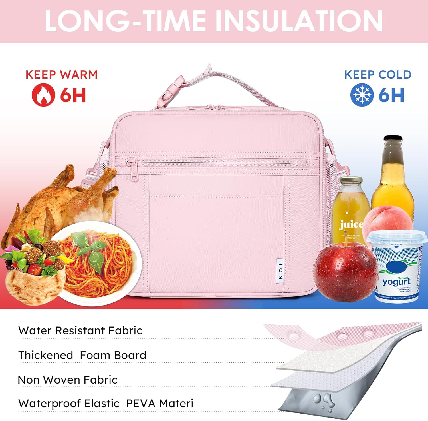NOL Lightweight Insulated Lunch Bag, Reusable Lunch Box 7L Cooler with Adjustable Shoulder Strap, Waterproof Zipper Lunch Bag for School & Work, Suitable for Men, Women and Kids