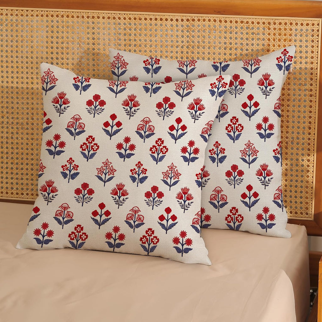 4th of July Pillow Covers 18x18 Inch 2 Pcs Red Blue Block Print Vintage Floral Patriotic Outdoor Decor Throw Pillows Memorial Day Holiday Decoration Pillowcase Linen Cushion Cover for Couch