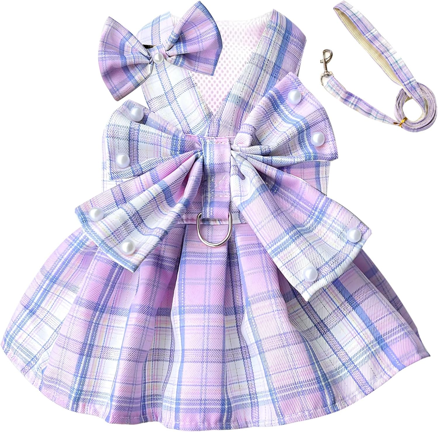 PETCARE Cute Dog Dress Clothes for Small Dogs Cats Girl Female Purple Plaid Bow Tie Dog Harness Dresses Leash Set with Pearls Bow Accessories Birthday Puppy Dress Shih Tzu Yorkies Chihuahua Outfits