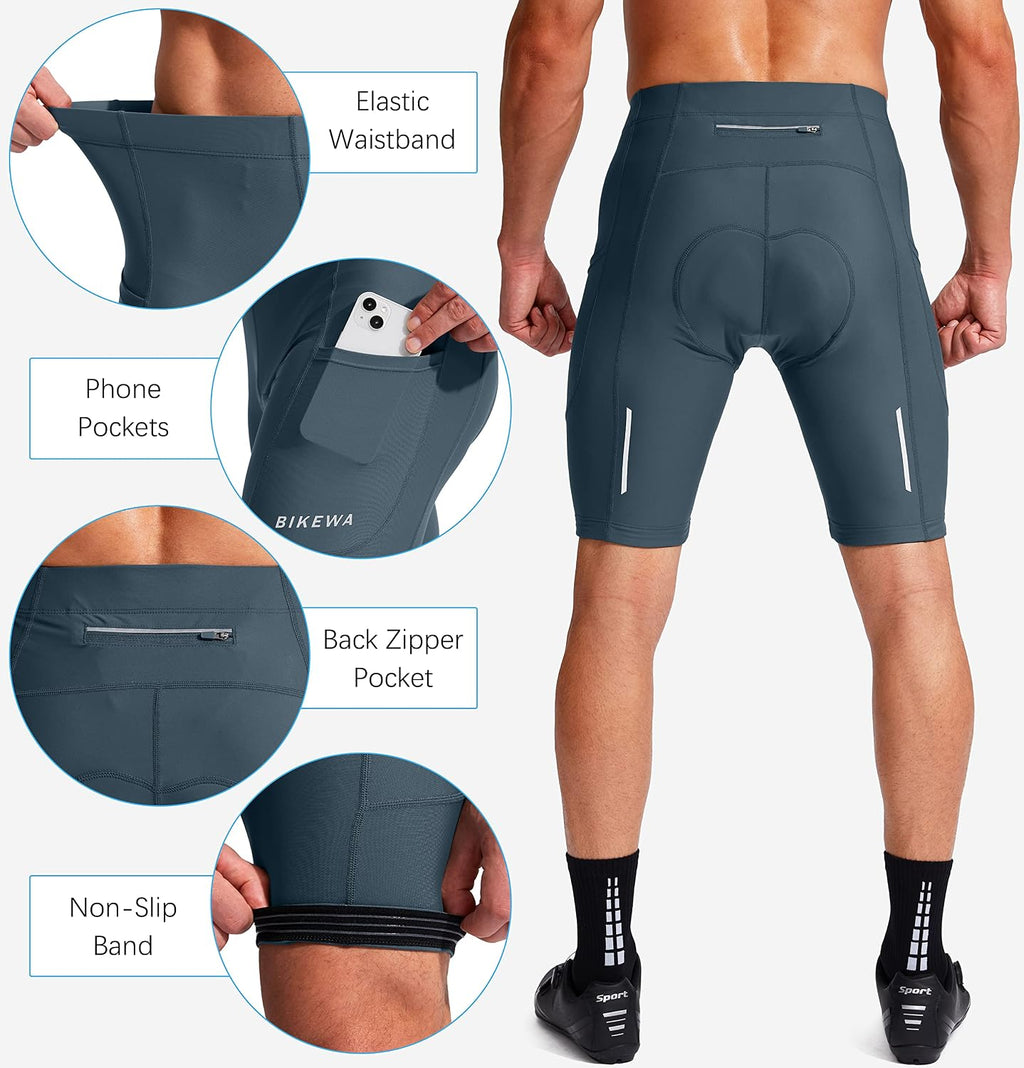 Bikewa Men's Bike Shorts 3D Padded Cycling Road Biking Mountain Riding Biker Bicycle UPF 50+ Cycle Shorts Zipper Pockets
