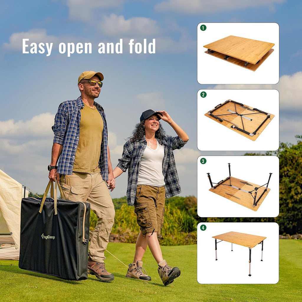 KingCamp Bamboo Folding Table with Adjustable Height