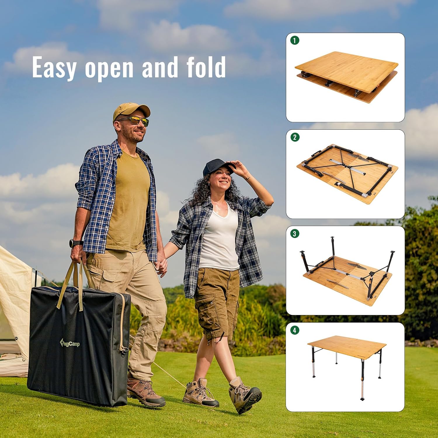 KingCamp Bamboo Folding Table with Adjustable Height