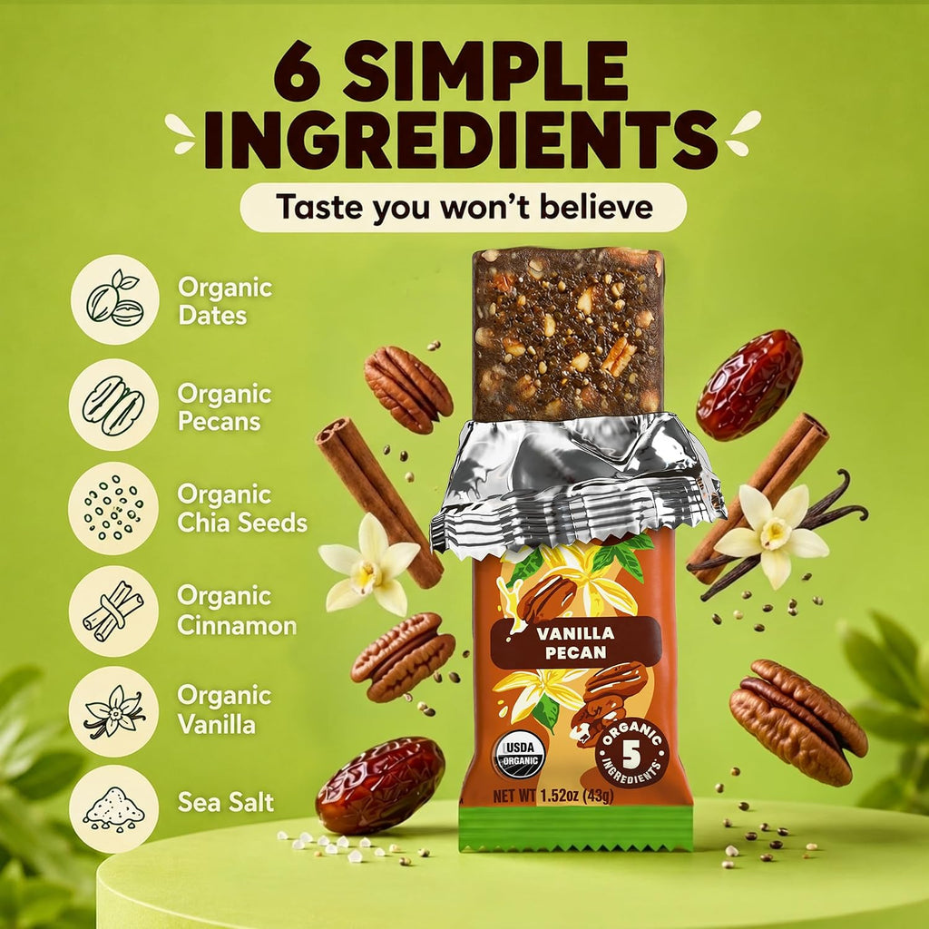 Bearded Brothers Vegan Bars, Organic Energy Bars Vanilla Pecan, 12 Count