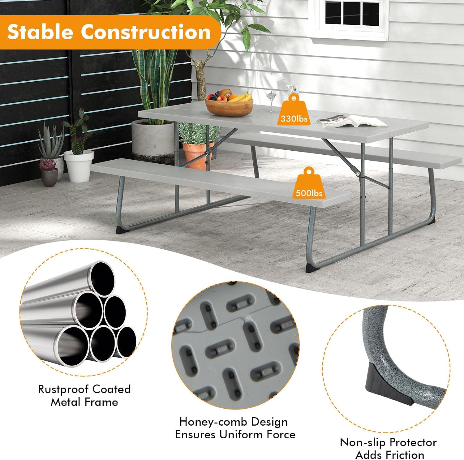 Tangkula 6 Ft Folding Picnic Table, Outdoor 8 Person Large Picnic Table Set with 2 Built-in Benches, Umbrella Hole, Metal Frame & HDPE Tabletop for Garden, Backyard (Grey)