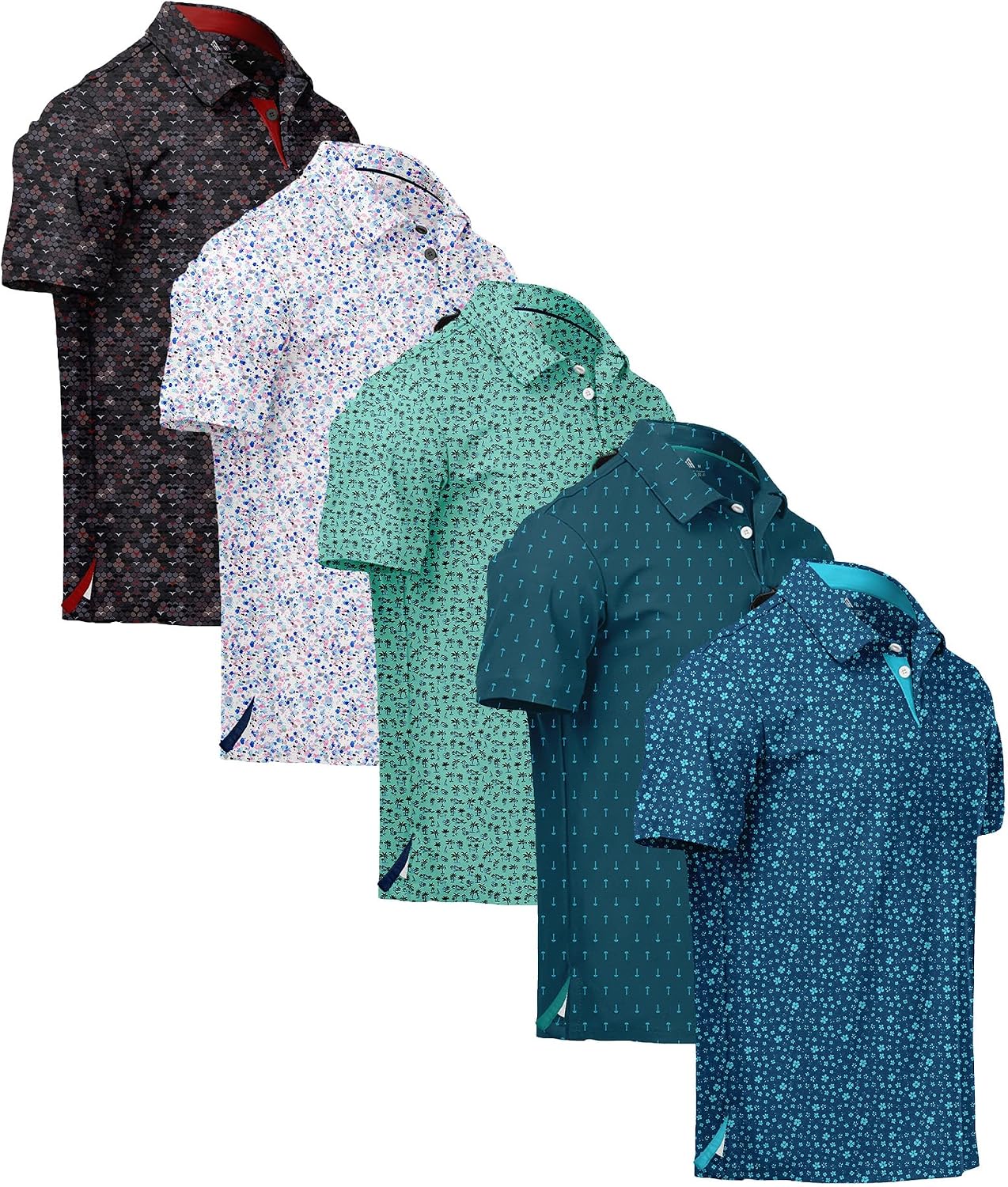 ZITY 5 Pack Mens Golf Shirt Short Sleeve UPF 50+ Print Patterns Casual Polo