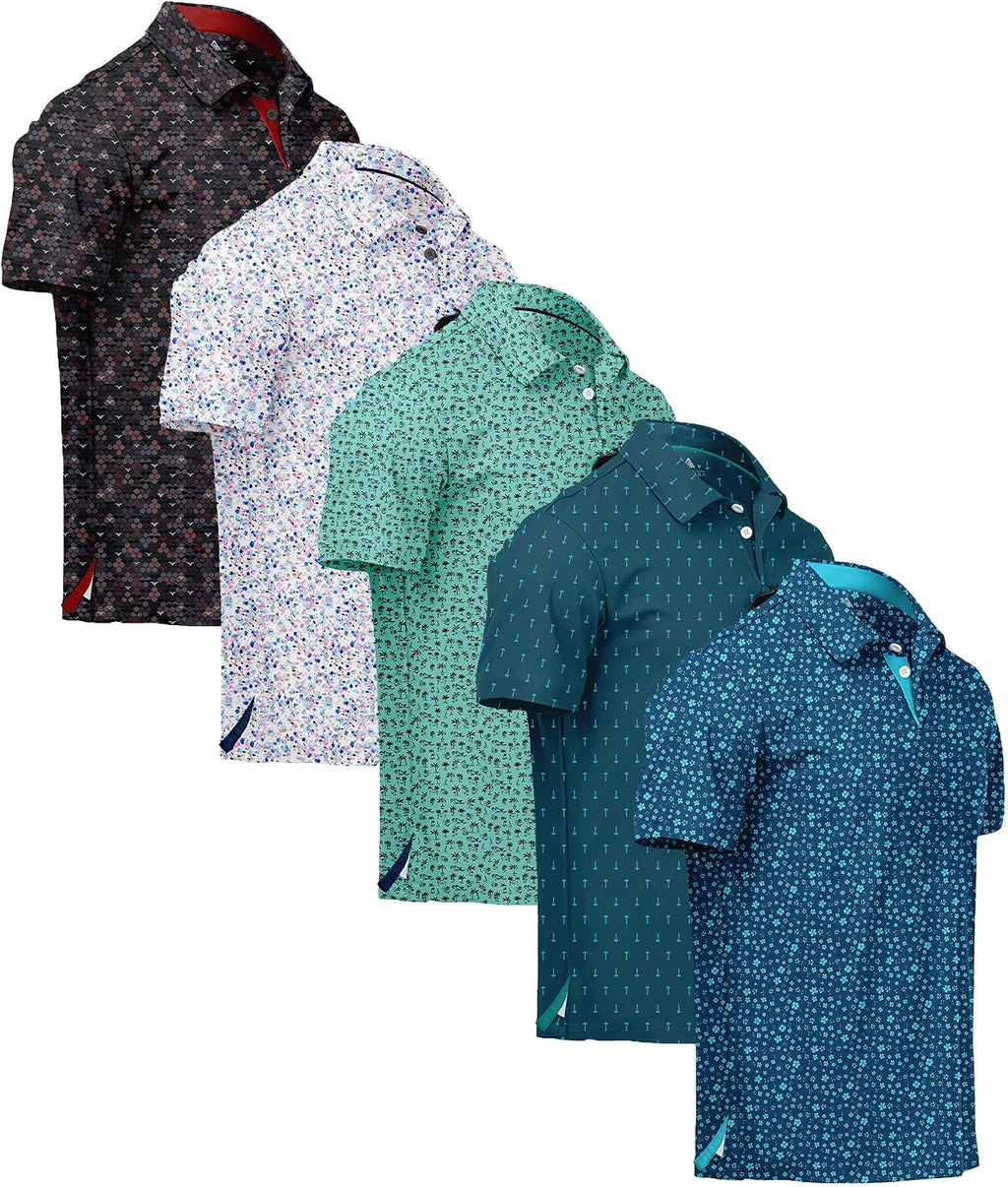 ZITY 5 Pack Mens Golf Shirt Short Sleeve UPF 50+ Print Patterns Casual Polo
