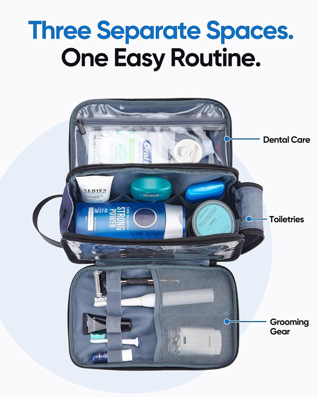 ZEEMO Travel Toiletry Bag for Men, Full Open Dopp Kit with Dual Compartment