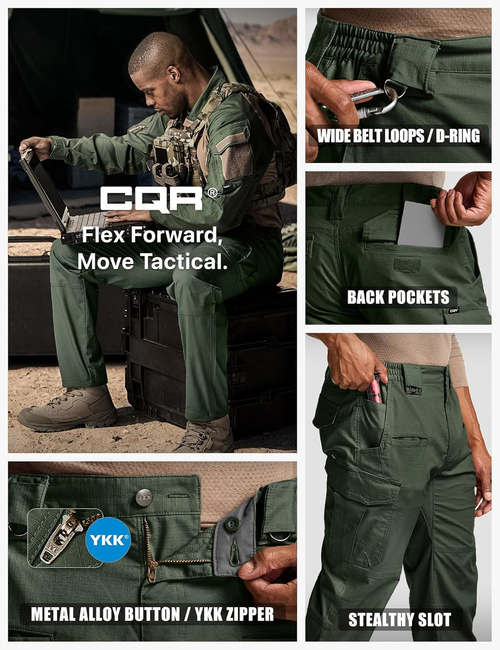 CQR Men's Flex Stretch Tactical Pants, Water Resistant Ripstop Cargo Pants, Lightweight EDC Outdoor Work Hiking Pants