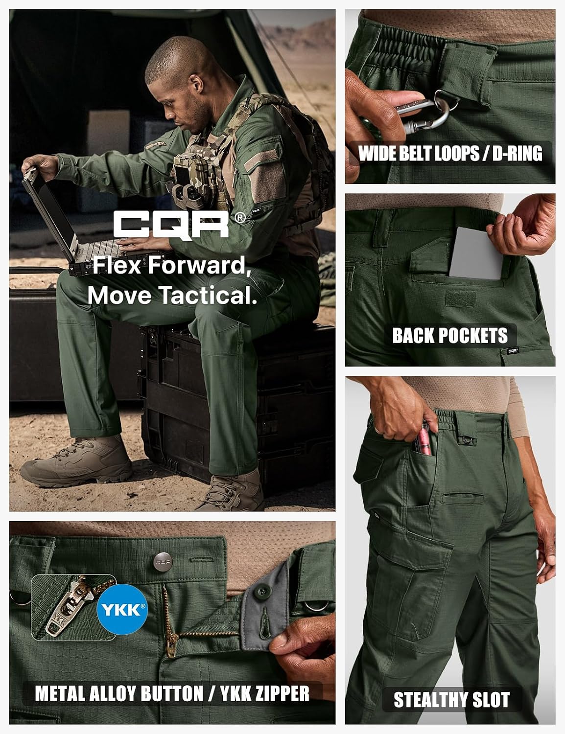 CQR Men's Flex Stretch Tactical Pants, Water Resistant Ripstop Cargo Pants, Lightweight EDC Outdoor Work Hiking Pants