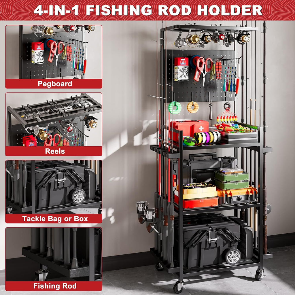 Fishing Rod Holders for Garage, 12-Rod Rolling Tackle Cart, Black