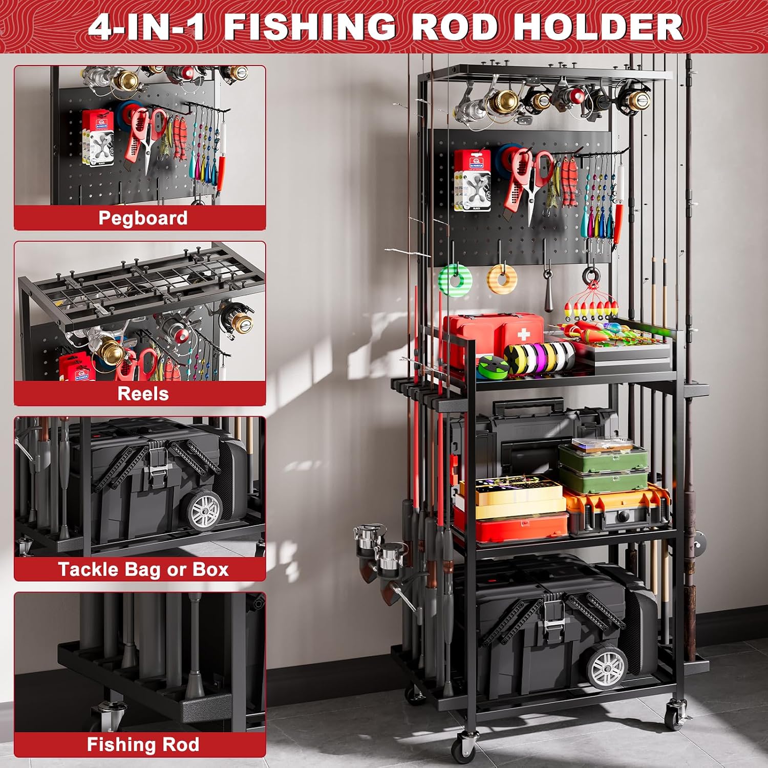 Fishing Rod Holders for Garage, 12-Rod Rolling Tackle Cart, Black