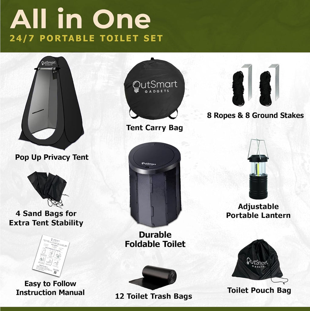Outsmart Gadgets Outdoor Portable Toilet Set for Adults with Camping Night Lantern, Folding XL Toilet, Pop Up Privacy Tent and Carry Bags, Multipurpose Potty, Washable and Foldable for RV Travel