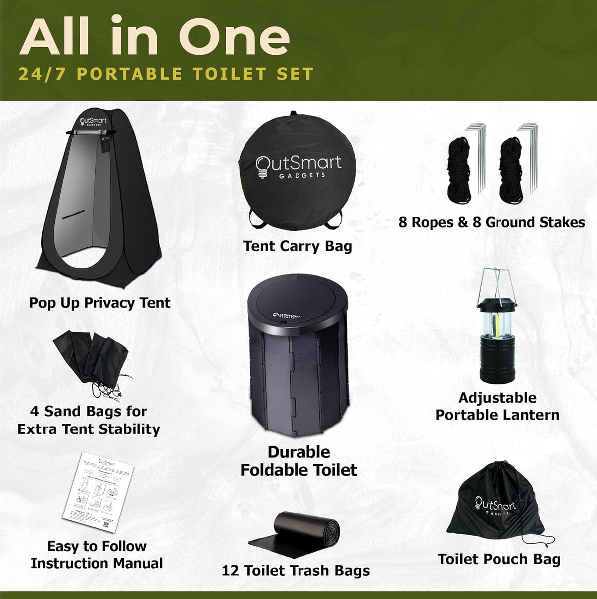 Outsmart Gadgets Outdoor Portable Toilet Set for Adults with Camping Night Lantern, Folding XL Toilet, Pop Up Privacy Tent and Carry Bags, Multipurpose Potty, Washable and Foldable for RV Travel