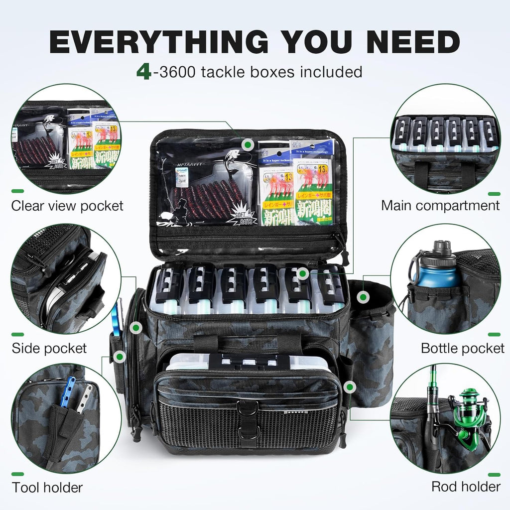Ghosthorn Waterproof Fishing Tackle Bag with 4 3600 Boxes Lure Organizer